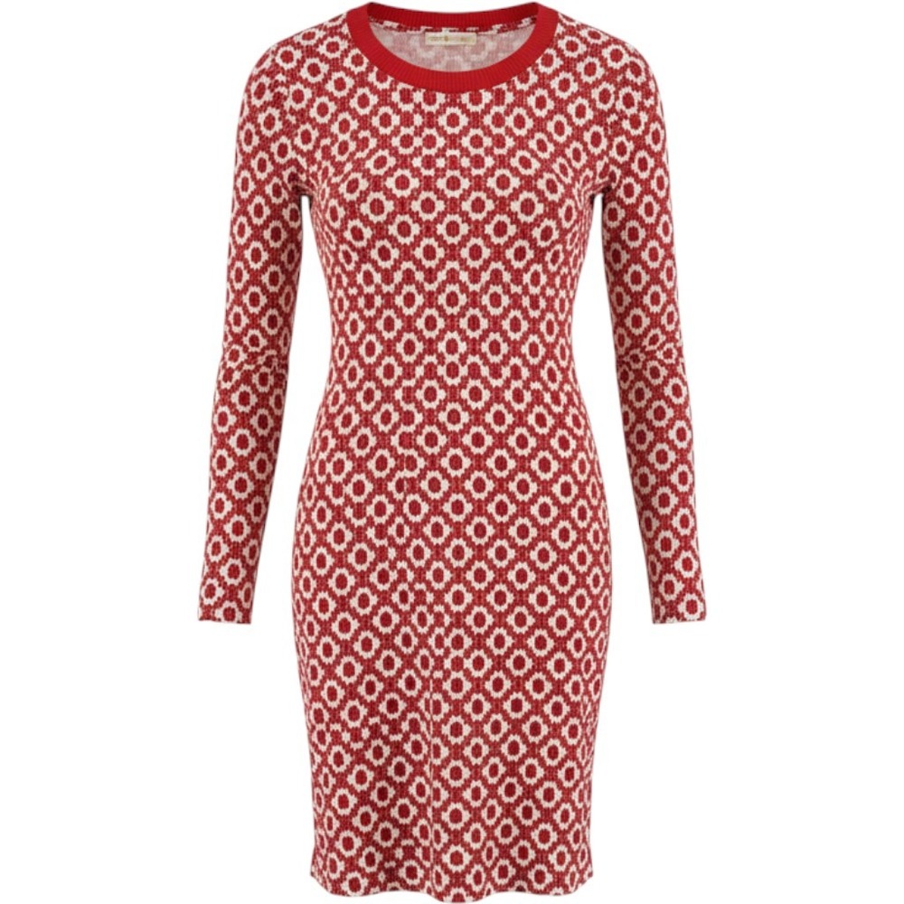 Tory Burch Red White Geometric Silk Jersey Long Sleeve Shift Dress XL 33423